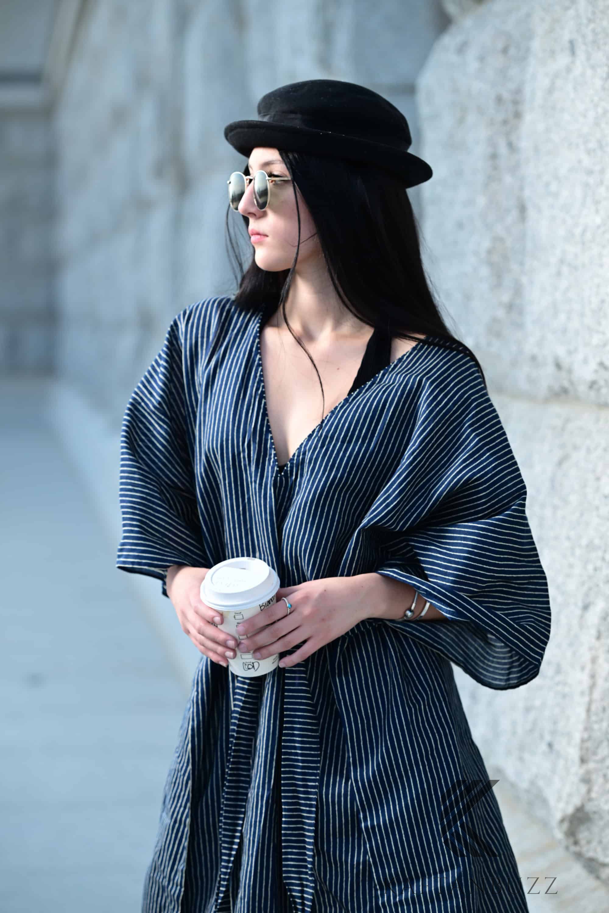 Ultra-Chic Navy & White Striped Premium Cotton Caftan with Pockets - Effortlessly Stylish