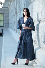 Load image into Gallery viewer, Ultra-Chic Navy &amp; White Striped Premium Cotton Caftan with Pockets - Effortlessly Stylish
