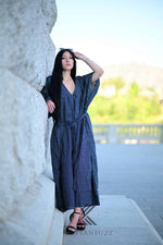 Load image into Gallery viewer, Ultra-Chic Navy &amp; White Striped Premium Cotton Caftan with Pockets - Effortlessly Stylish
