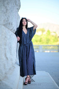 Ultra-Chic Navy & White Striped Premium Cotton Caftan with Pockets - Effortlessly Stylish