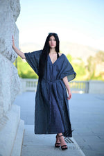 Load image into Gallery viewer, Ultra-Chic Navy &amp; White Striped Premium Cotton Caftan with Pockets - Effortlessly Stylish
