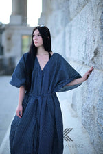 Load image into Gallery viewer, Ultra-Chic Navy &amp; White Striped Premium Cotton Caftan with Pockets - Effortlessly Stylish
