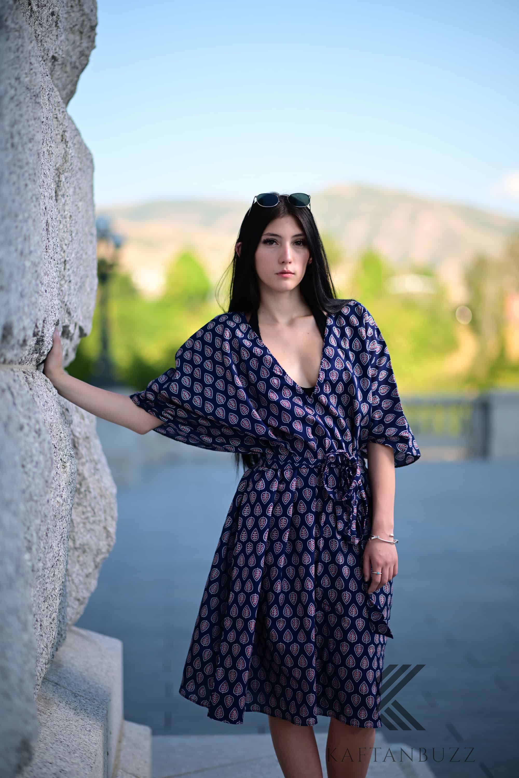 Retro Print Navy short Cotton Kaftan with pockets and Small Red Floral Dots - Timeless Elegance