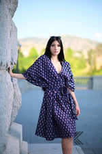 Load image into Gallery viewer, Retro Print Navy short Cotton Kaftan with pockets and Small Red Floral Dots - Timeless Elegance
