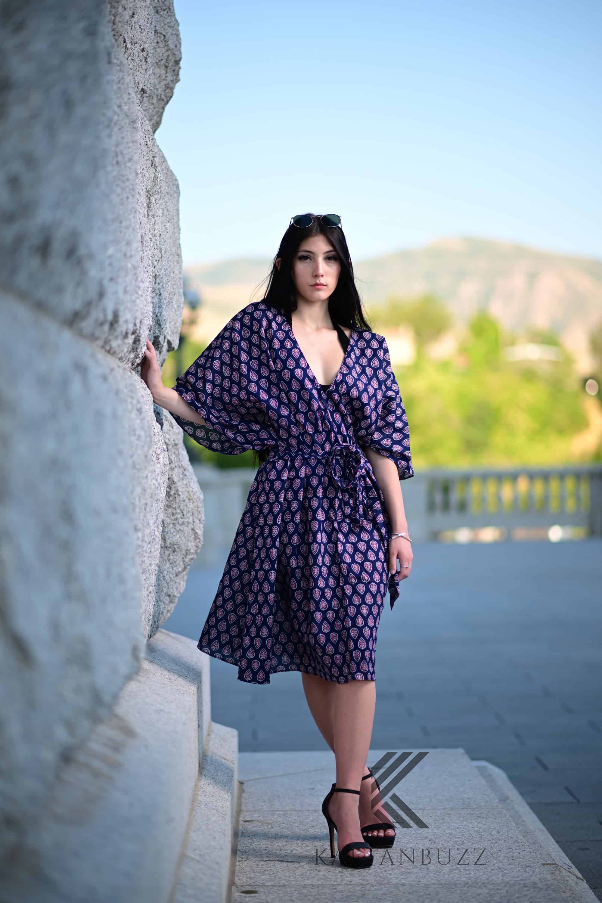 Retro Print Navy short Cotton Kaftan with pockets and Small Red Floral Dots - Timeless Elegance