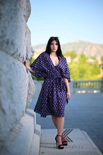 Load image into Gallery viewer, Retro Print Navy short Cotton Kaftan with pockets and Small Red Floral Dots - Timeless Elegance
