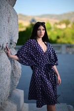 Load image into Gallery viewer, Retro Print Navy short Cotton Kaftan with pockets and Small Red Floral Dots - Timeless Elegance
