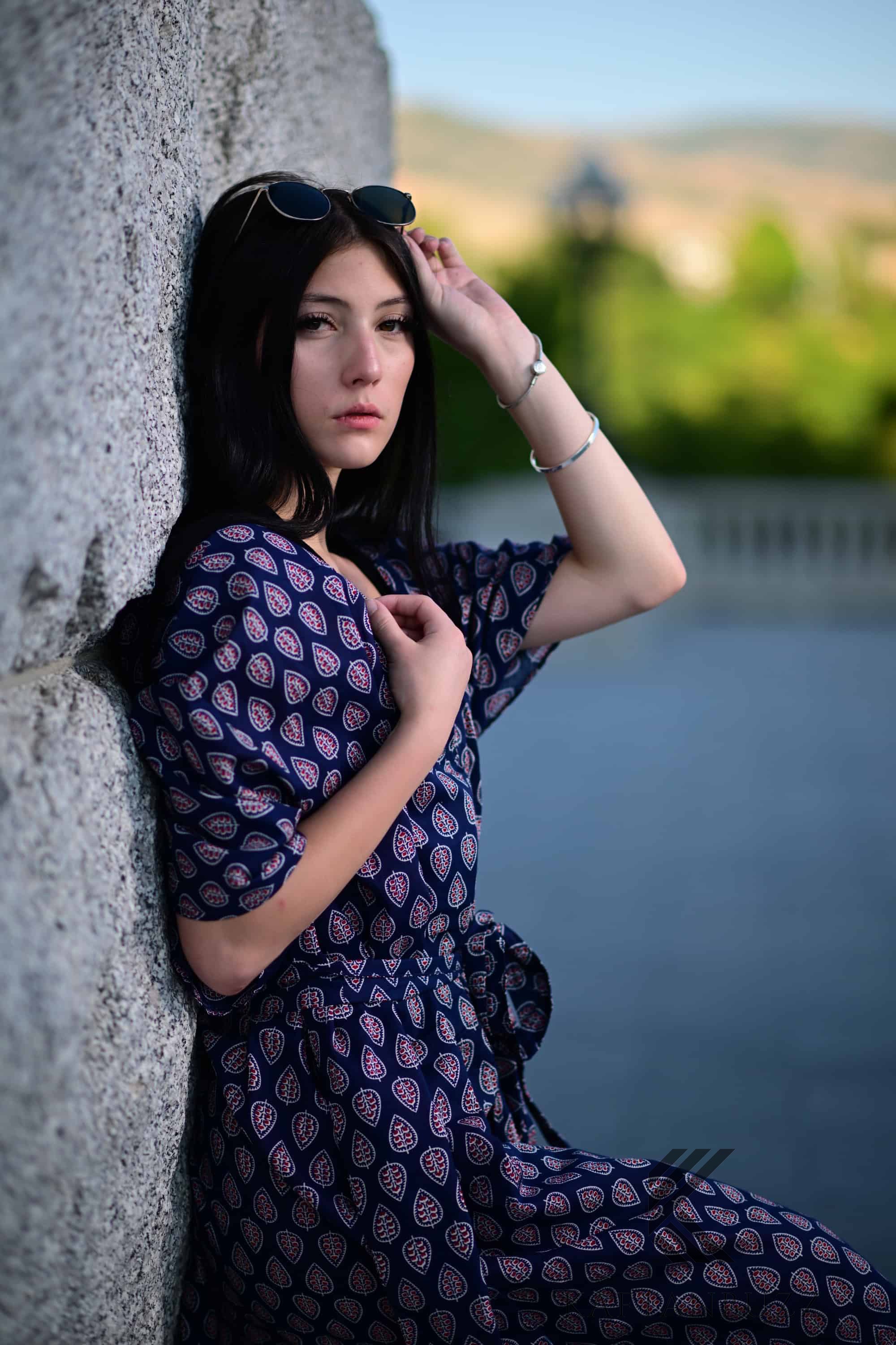 Retro Print Navy short Cotton Kaftan with pockets and Small Red Floral Dots - Timeless Elegance