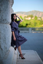 Load image into Gallery viewer, Retro Print Navy short Cotton Kaftan with pockets and Small Red Floral Dots - Timeless Elegance
