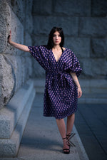 Load image into Gallery viewer, Retro Print Navy short Cotton Kaftan with pockets and Small Red Floral Dots - Timeless Elegance
