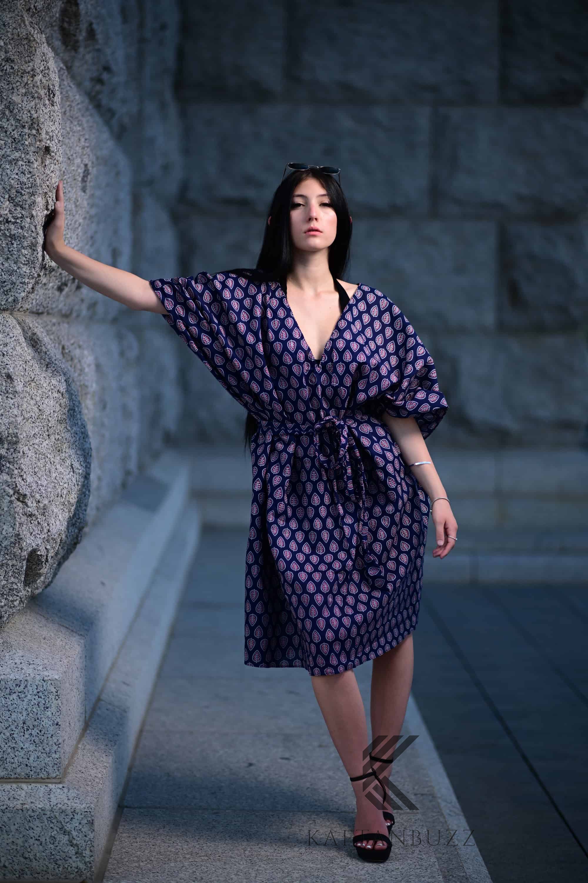 Retro Print Navy short Cotton Kaftan with pockets and Small Red Floral Dots - Timeless Elegance