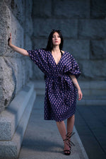 Load image into Gallery viewer, Retro Print Navy short Cotton Kaftan with pockets and Small Red Floral Dots - Timeless Elegance
