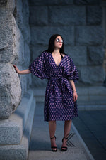 Load image into Gallery viewer, Retro Print Navy short Cotton Kaftan with pockets and Small Red Floral Dots - Timeless Elegance
