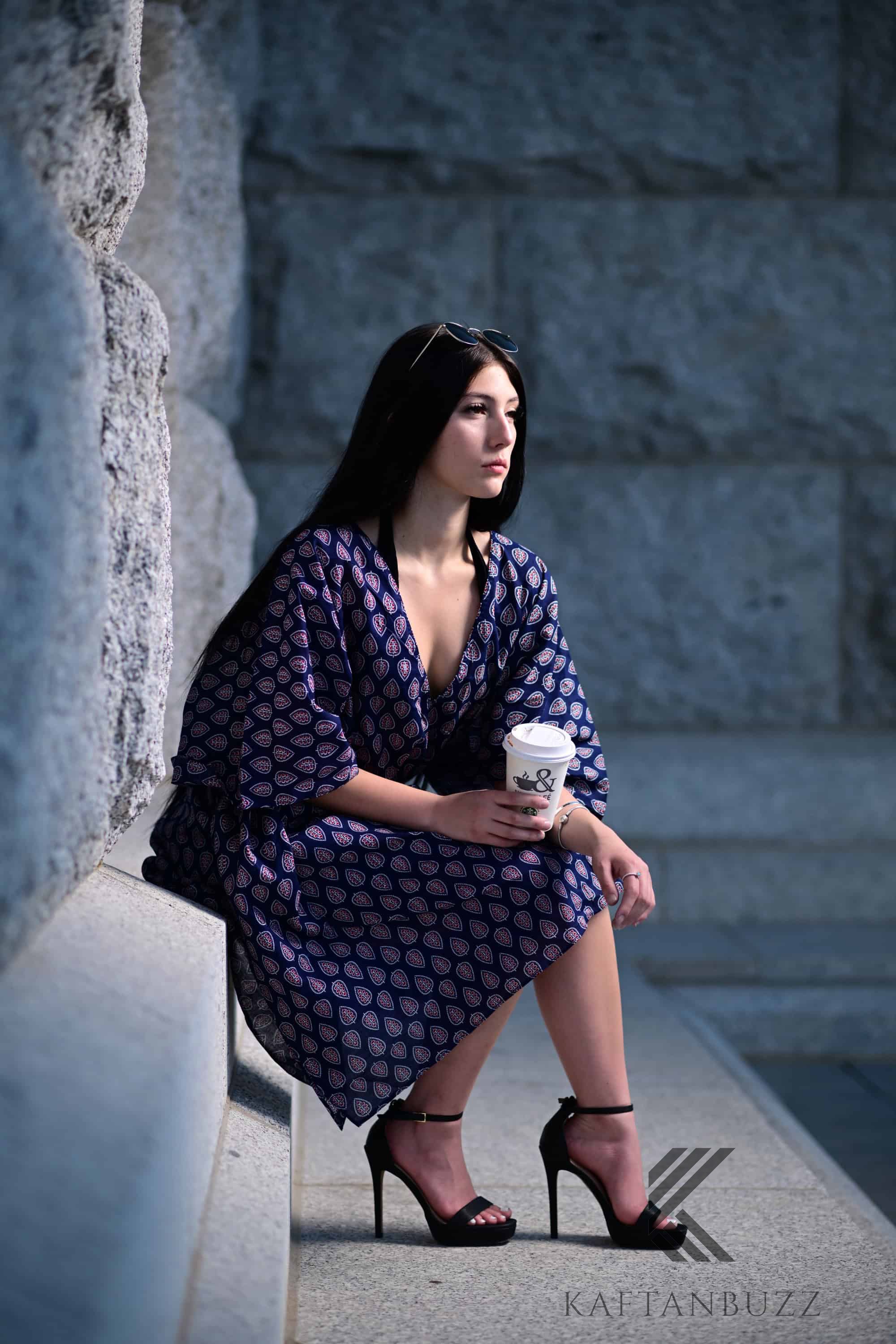 Retro Print Navy short Cotton Kaftan with pockets and Small Red Floral Dots - Timeless Elegance