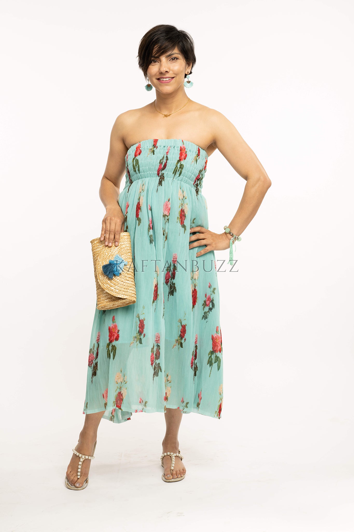 Blue Tropical off shoulder Midi Dress