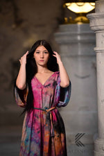 Load image into Gallery viewer, Abstract Watercolor Tie Dye wearable art : Fuchsia &amp; Sapphire Hand-Dyed Soft caftan Dress
