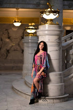 Load image into Gallery viewer, Abstract Watercolor Tie Dye wearable art : Fuchsia &amp; Sapphire Hand-Dyed Soft caftan Dress
