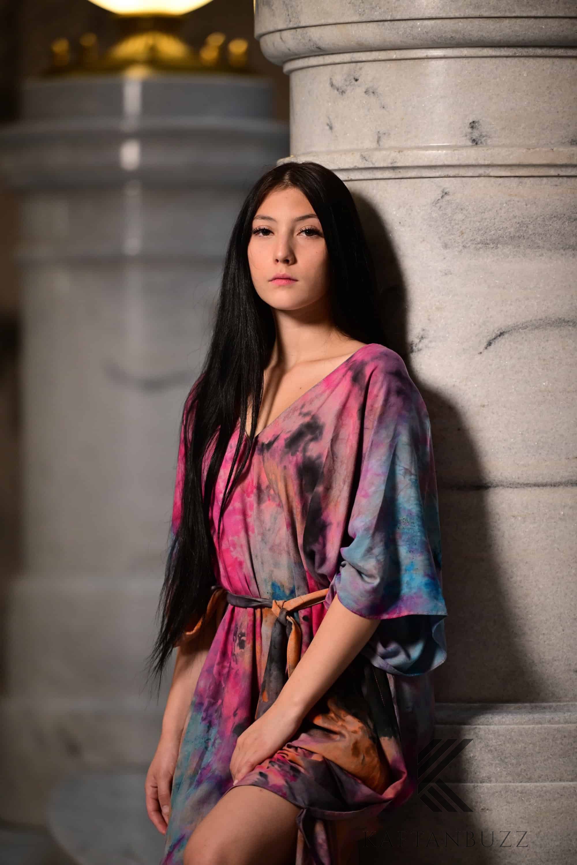 Abstract Watercolor Tie Dye wearable art : Fuchsia & Sapphire Hand-Dyed Soft caftan Dress