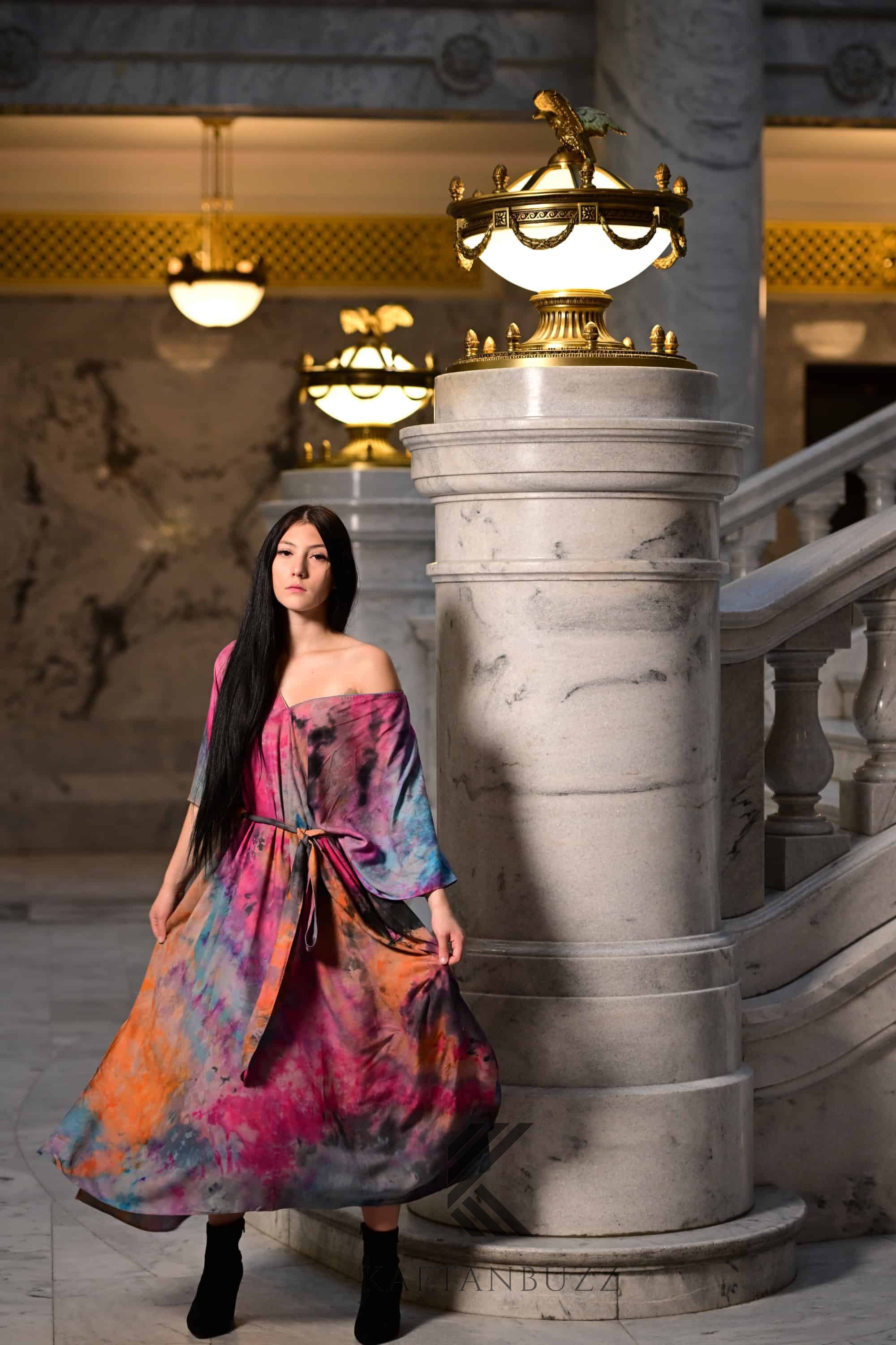 Abstract Watercolor Tie Dye wearable art : Fuchsia & Sapphire Hand-Dyed Soft caftan Dress