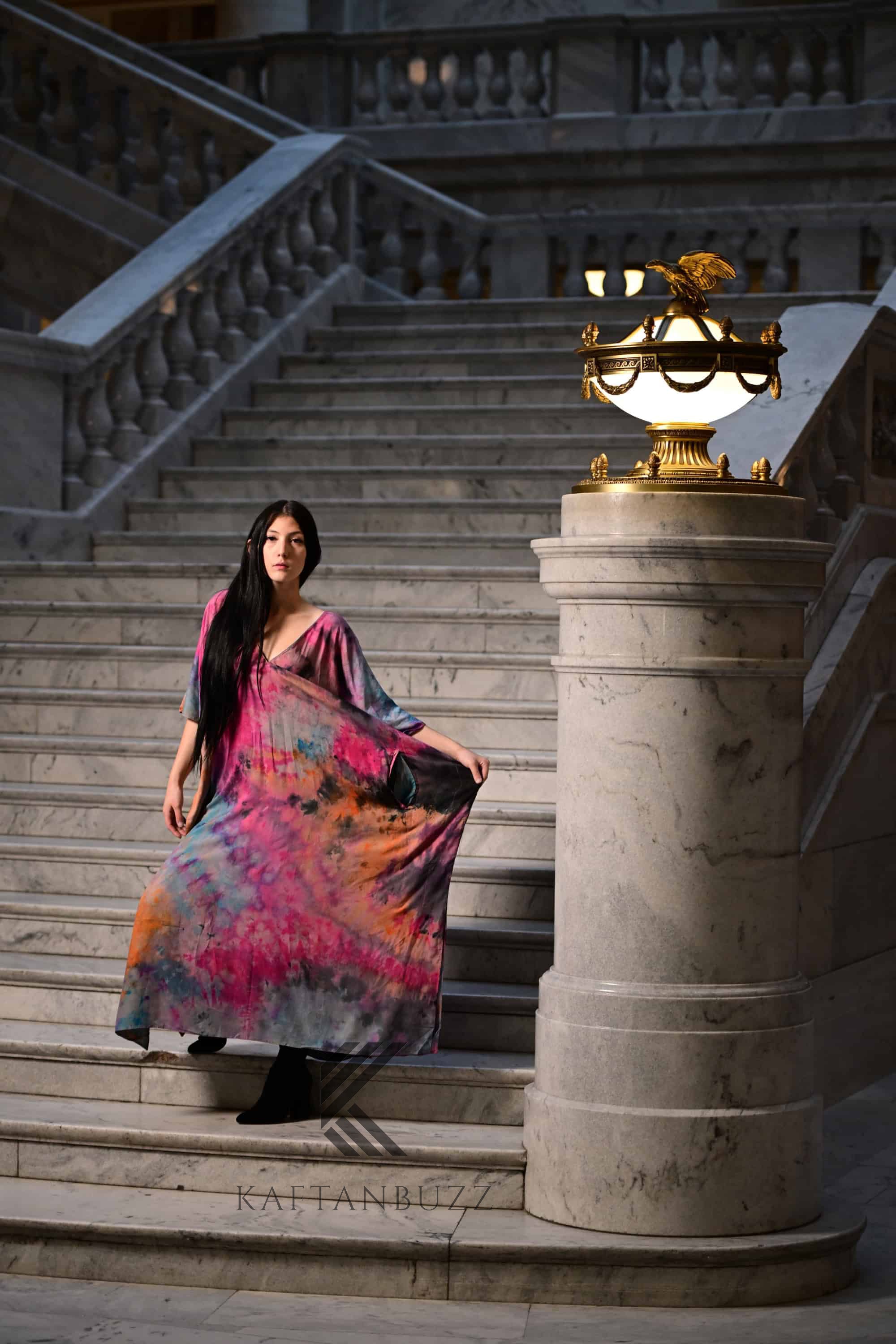 Abstract Watercolor Tie Dye wearable art : Fuchsia & Sapphire Hand-Dyed Soft caftan Dress