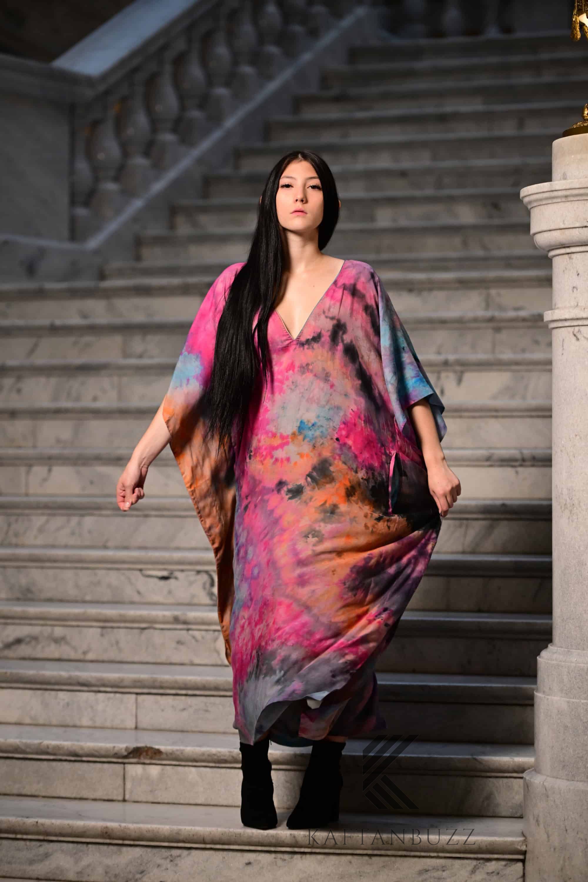 Abstract Watercolor Tie Dye wearable art : Fuchsia & Sapphire Hand-Dyed Soft caftan Dress