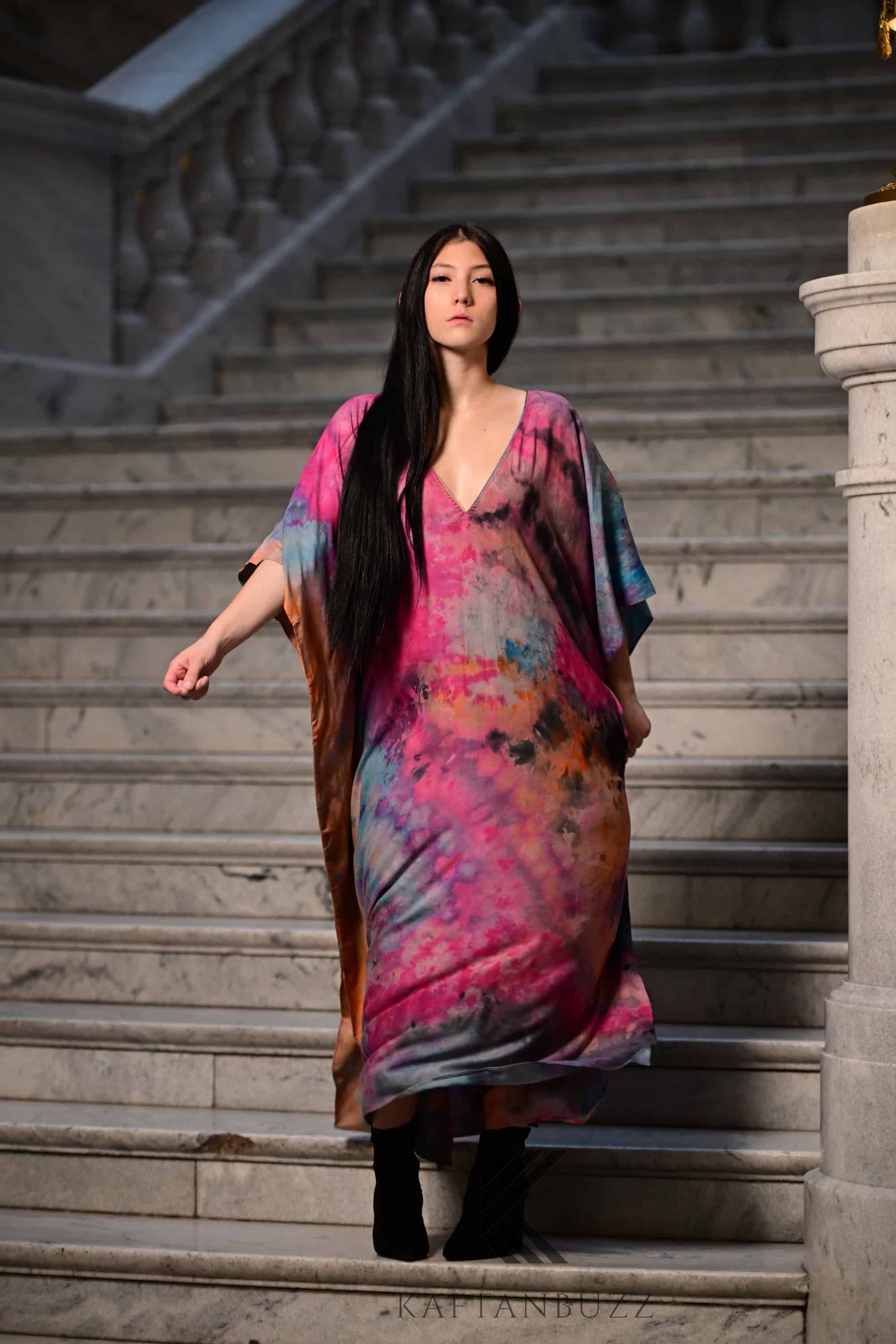 Abstract Watercolor Tie Dye wearable art : Fuchsia & Sapphire Hand-Dyed Soft caftan Dress